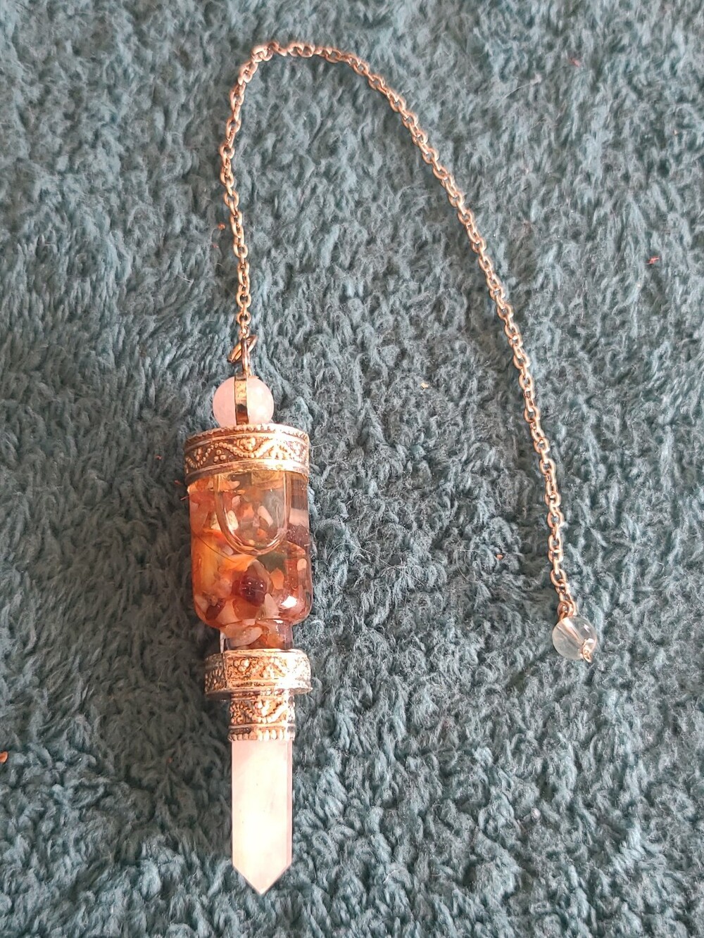 Silver Tone Agate Bead Pendulum with Quartz Point